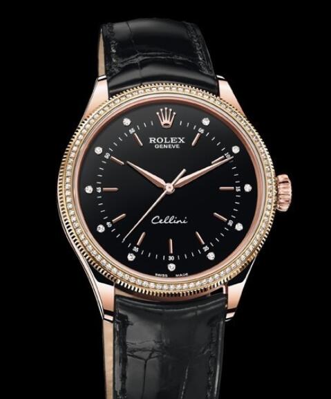 Rolex Cellini Watch Replica Cellini Time 50605 RBR Everose Gold and Yellow Gold - Diamonds - Alligator Strap